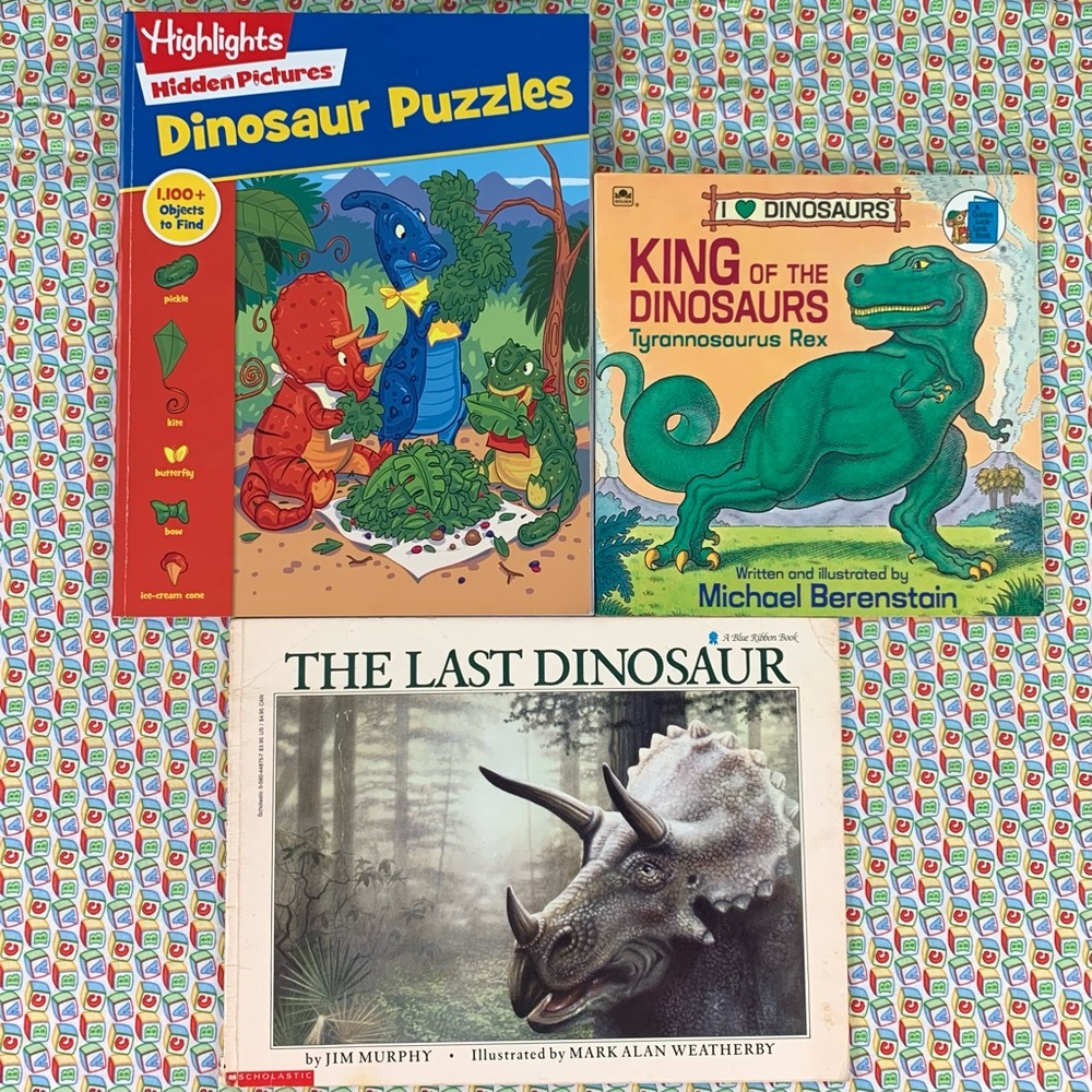 Three Dinosaur Books and Puzzles for Kids.